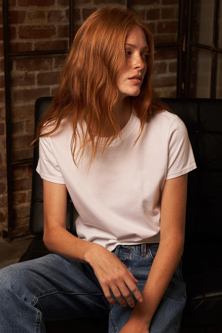 Woman wearing Perfect White Tee's Springsteen Tee in the color White