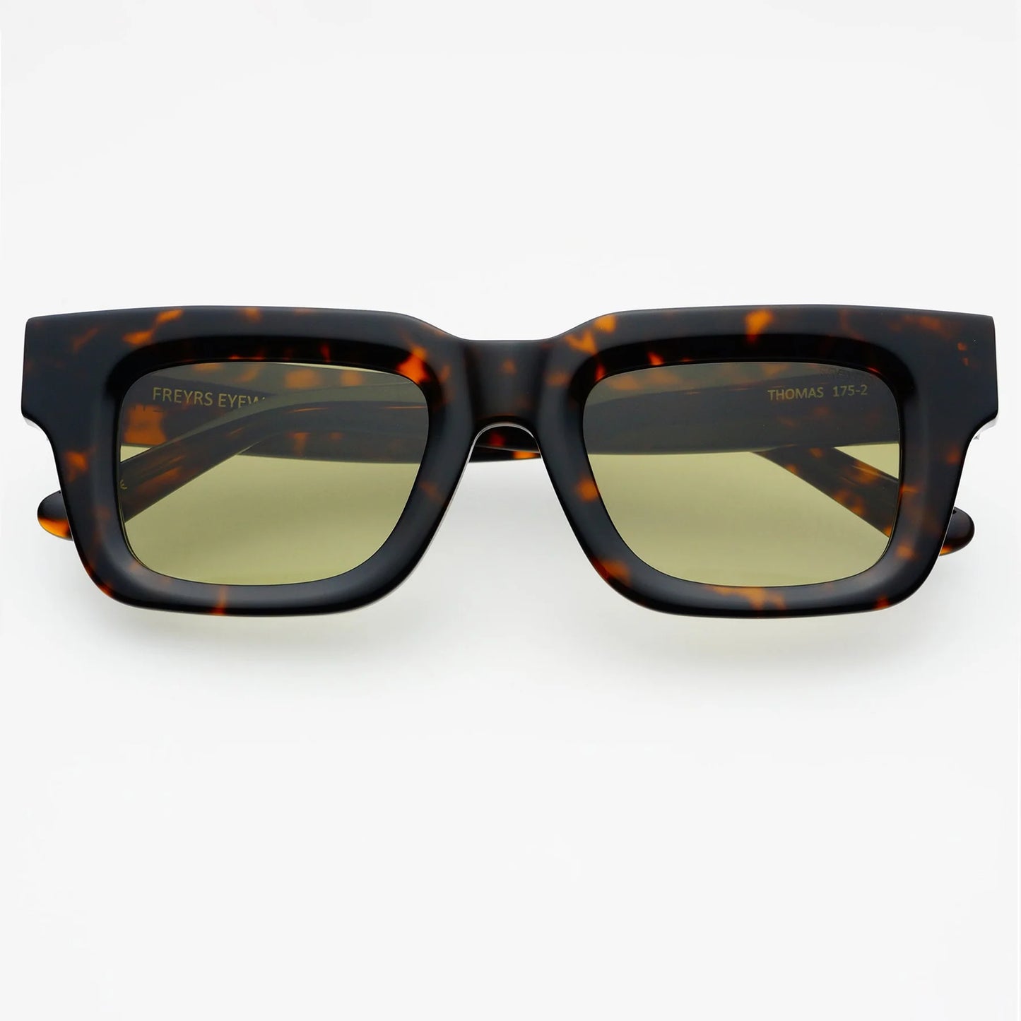FREYRS rectangular unisex sunglasses with thick tortoise frame and green lenses