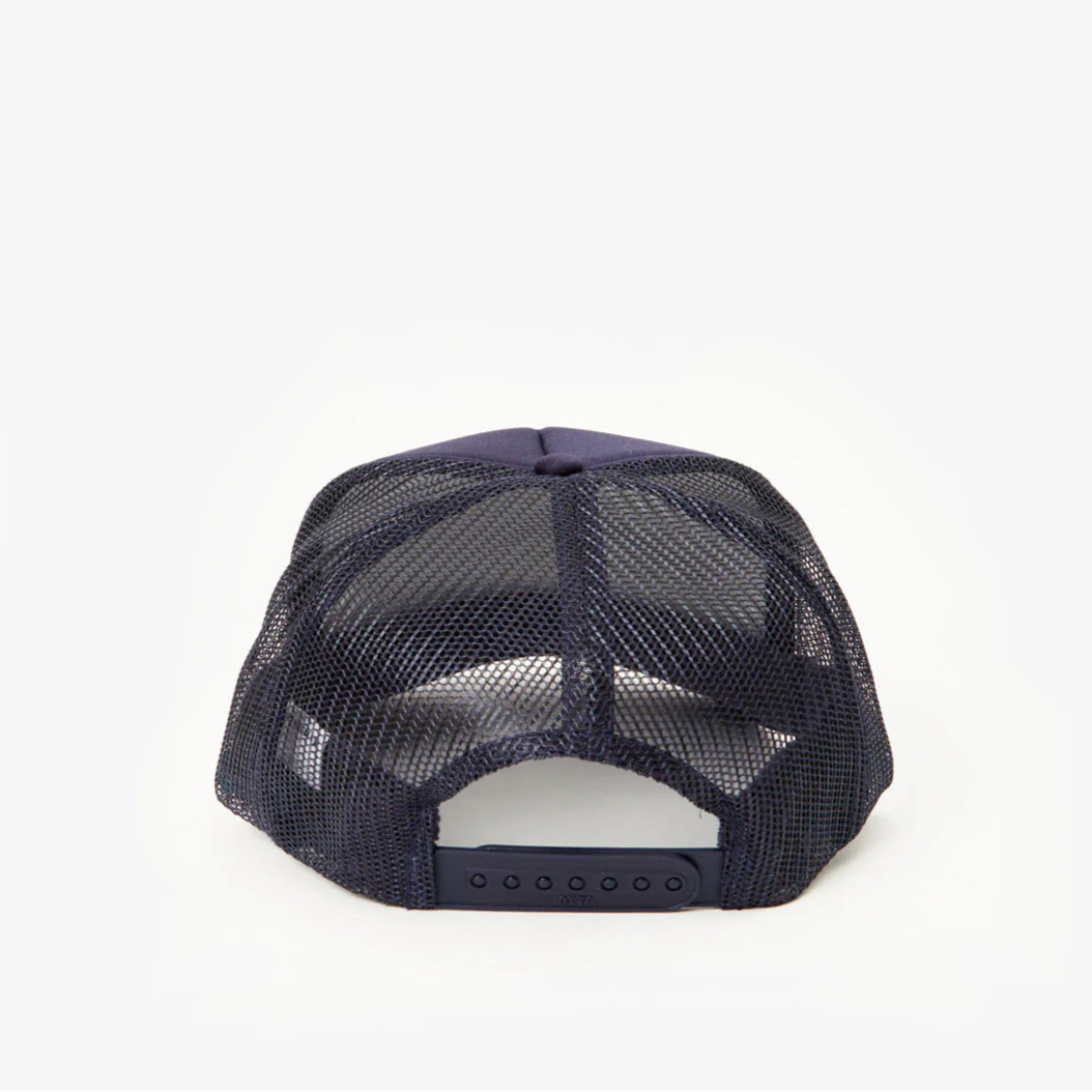 Navy mesh back women's trucker hat with adjustable snap back closure