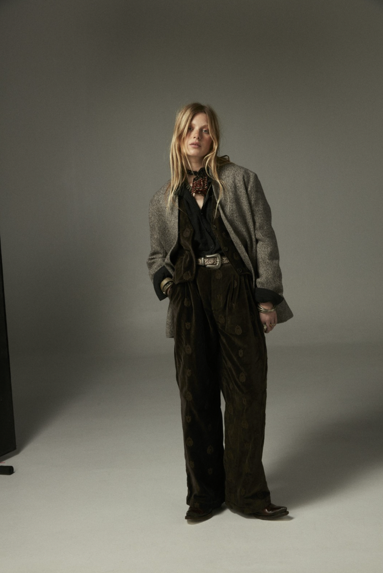 Person wearing a gray coat paired with the Maison Hotel Paco Pant