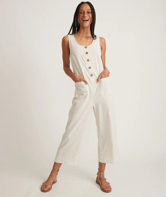 Front view of the Marine Layer Sydney Beach Jumpsuit in the color Natural