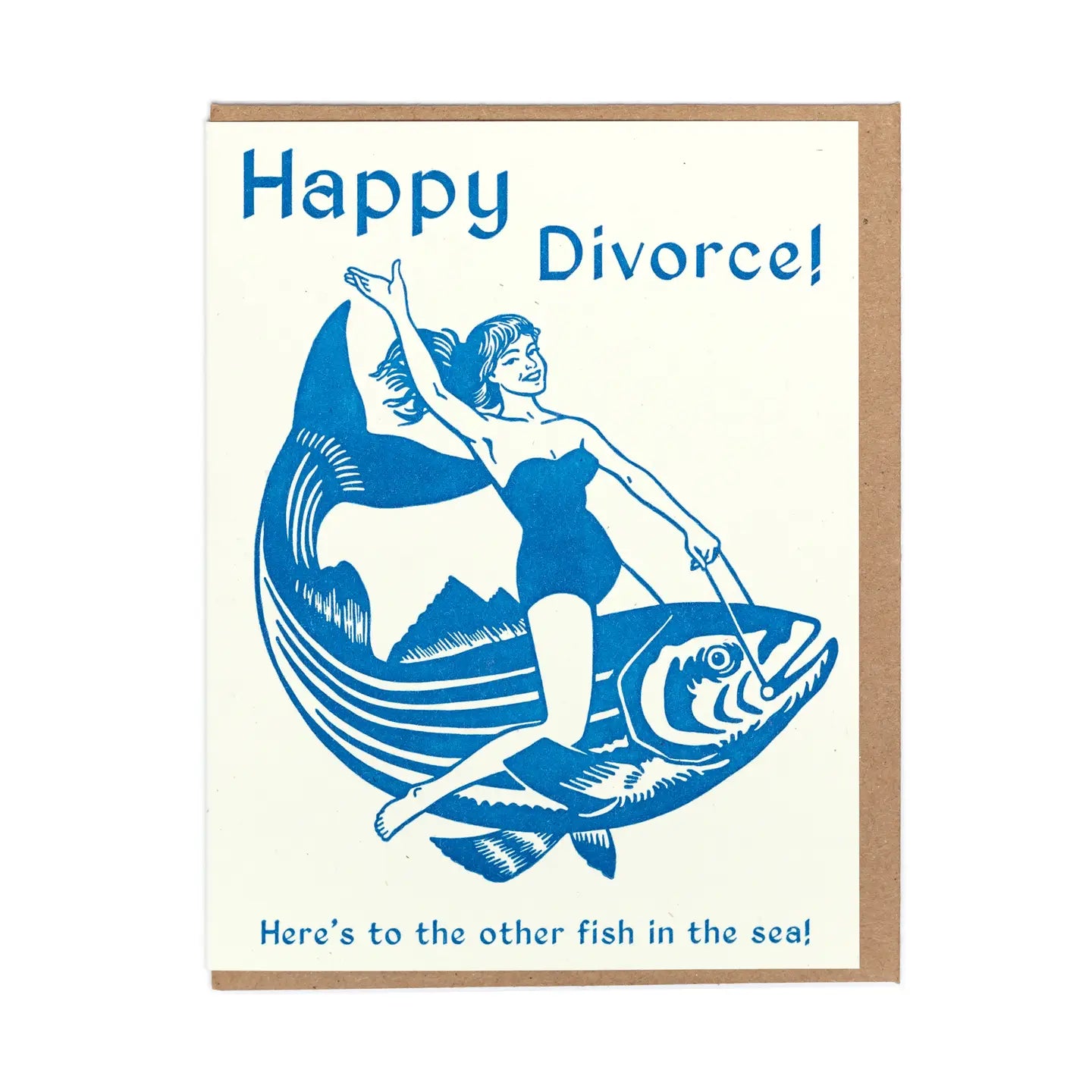 Card with a blue illustration of a woman on a fish and text 'Happy Divorce! Here's to the other fish in the sea!' on a white background.