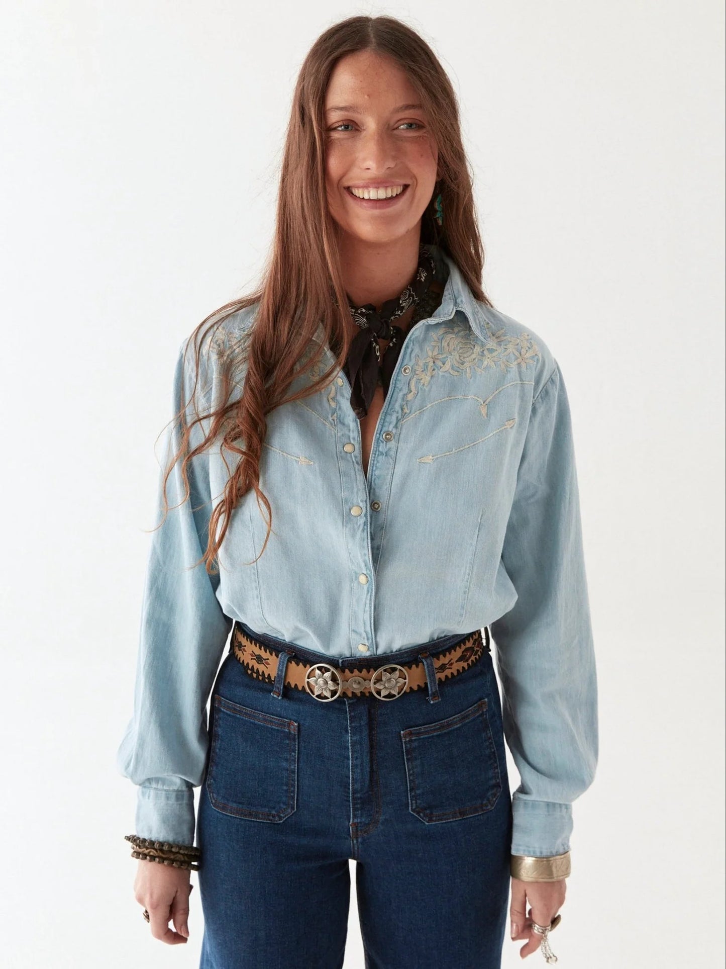Shop the western-inspired pearl snap Austin Blouse by Maison Hotel at Harbour Thread