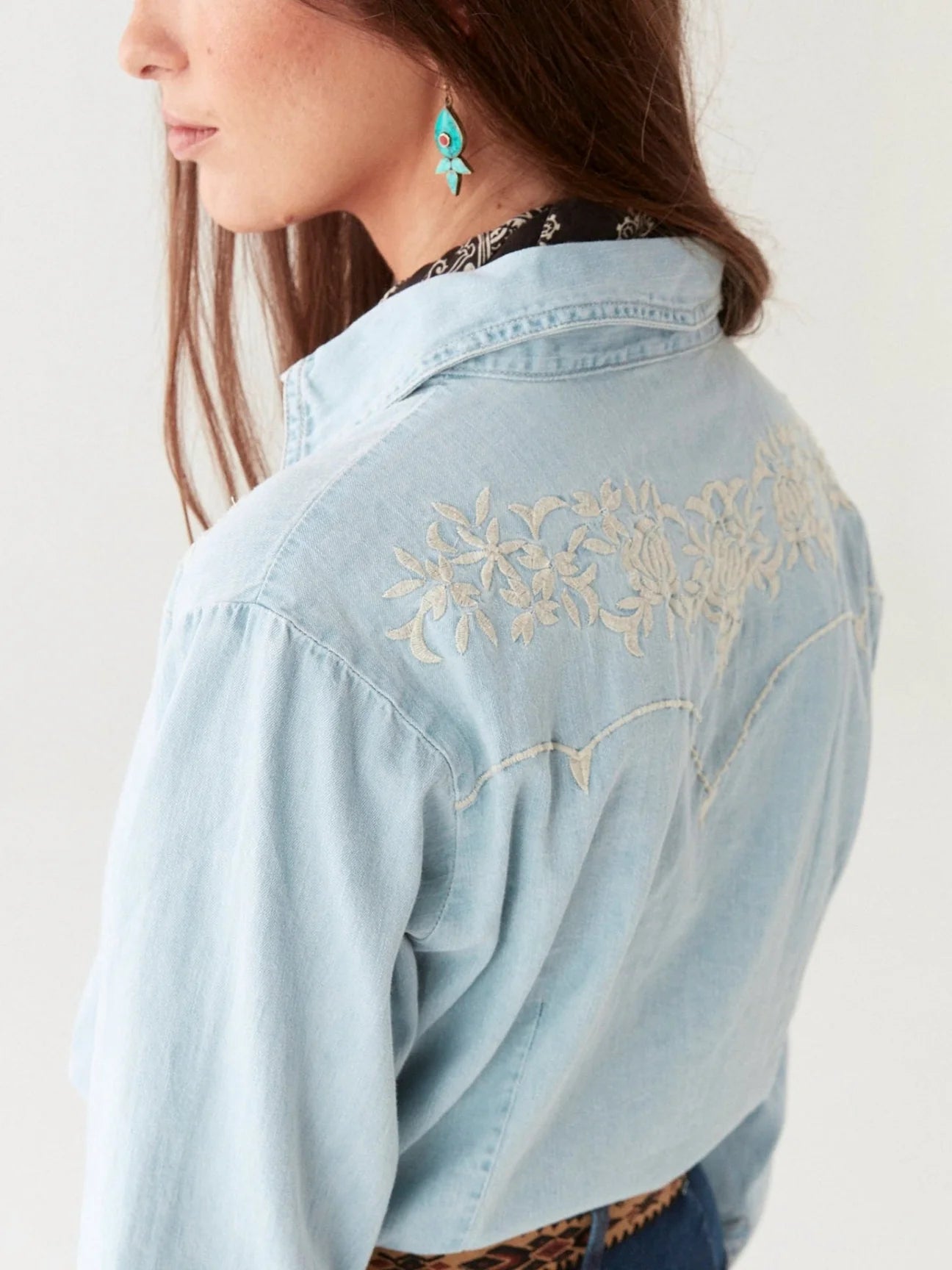 Blue button down with white embroidery