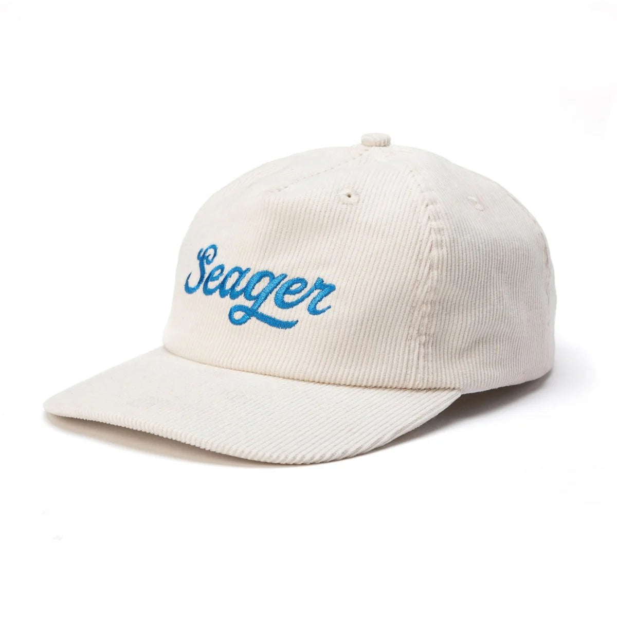 Now available at Harbour Thread, the Big Cream Corduroy Snapback Hat is made of 100% cotton corduroy and features an embroidered Seager Script font.