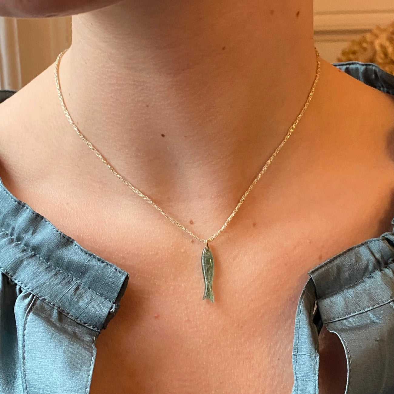 The Aventurine Stone Fish Necklace by Sophie Deschamps Bijoux with chain option