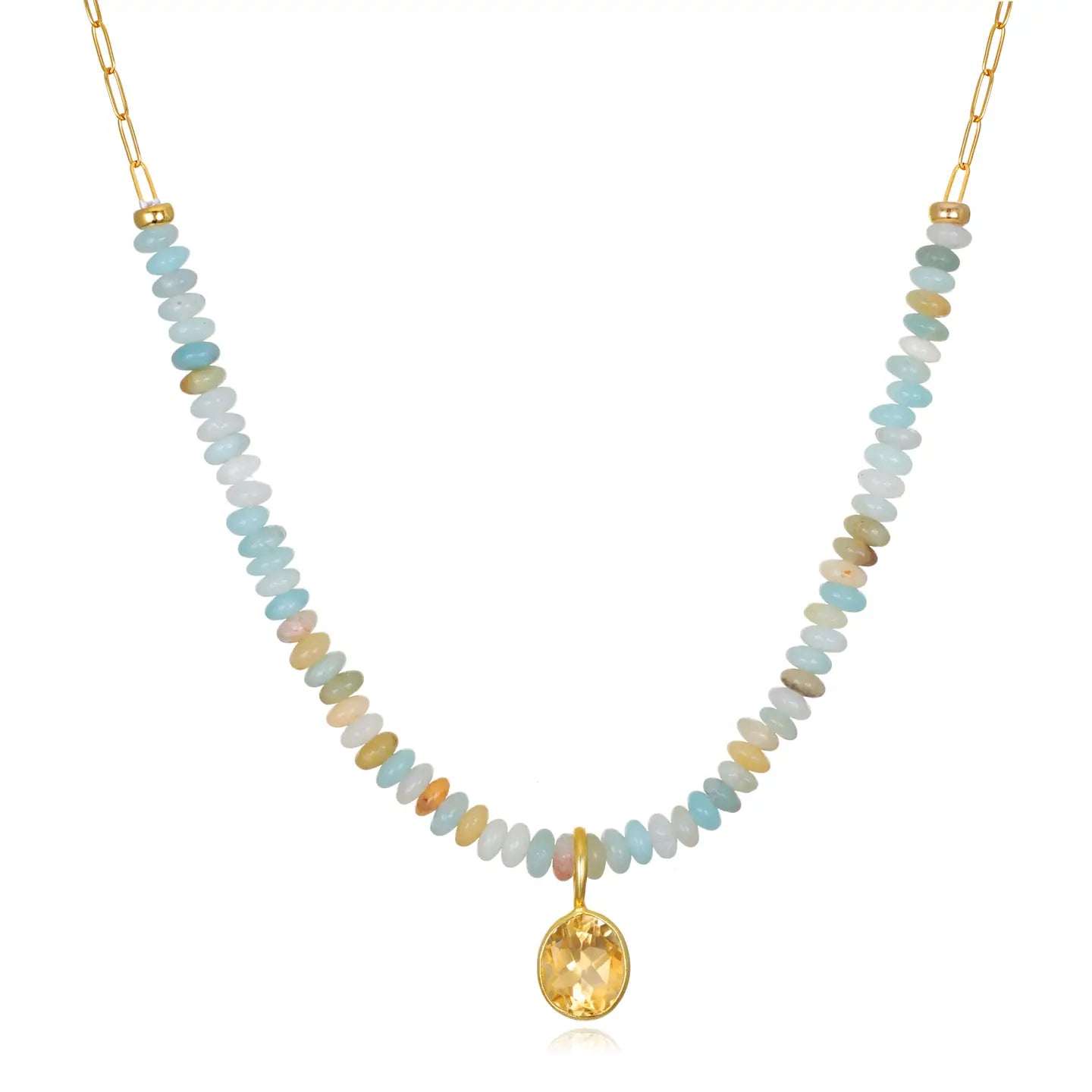 14k gold filled paperclip chain necklace with Amazonite beads with a center bezel set Citrine
