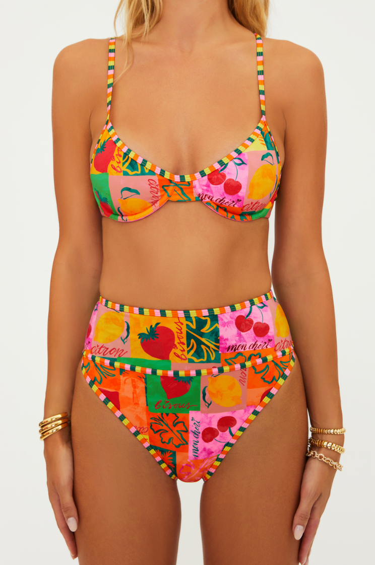 The Beach Riot Carlotta High Waisted Bikini Bottoms in the colorful Fruit Market Print