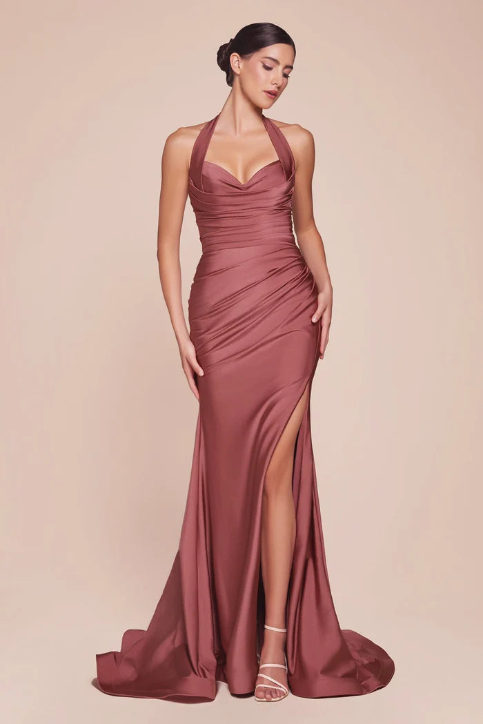 halter fitted dress Ladivine Stretch Satin and a sweeping train length_asymmetrical Style:Menagerie A-line V-neck Spaghetti Strap