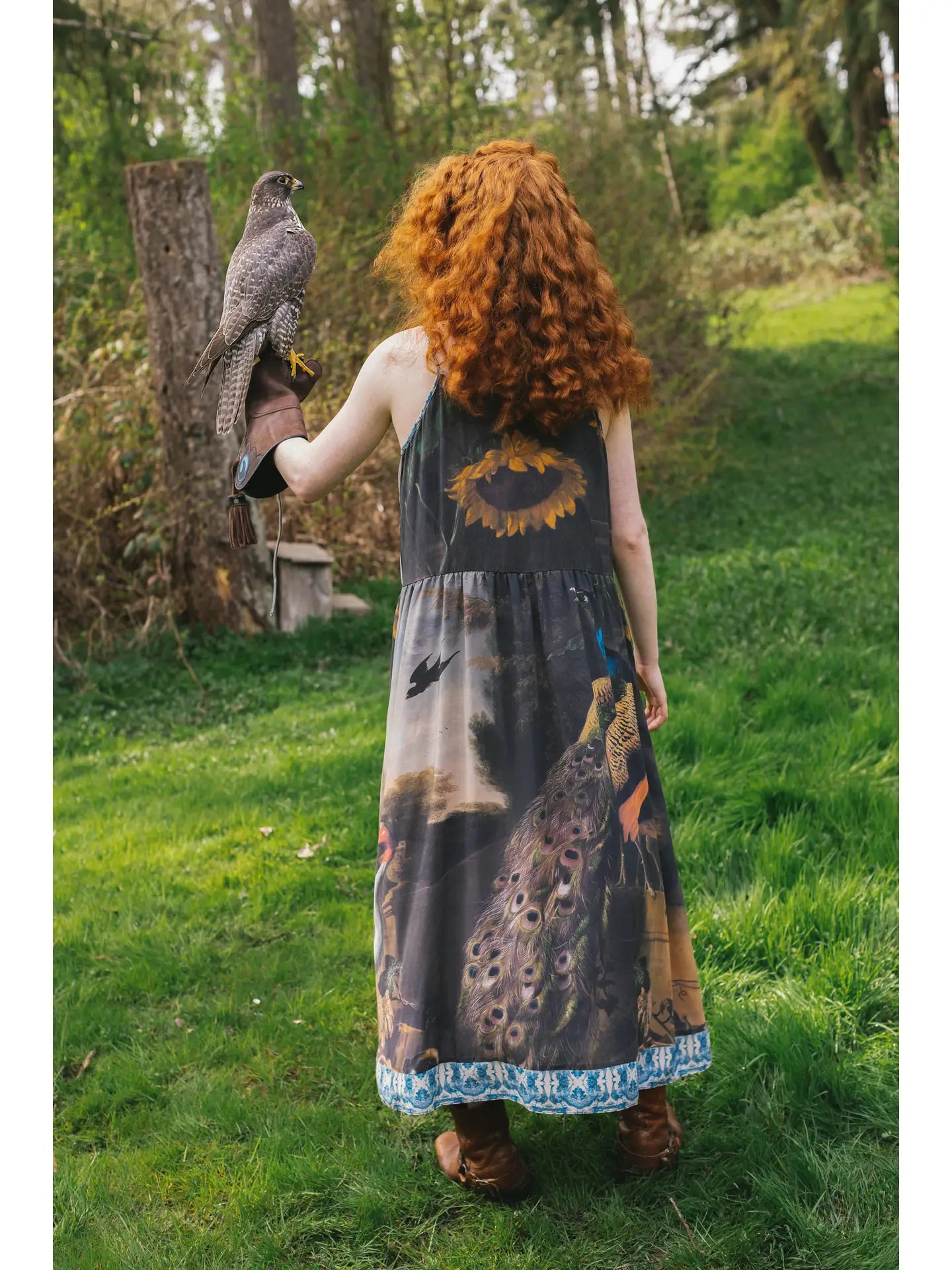 Back view of the Wild Beauty Peacock Print Slip Dress by Market of Stars