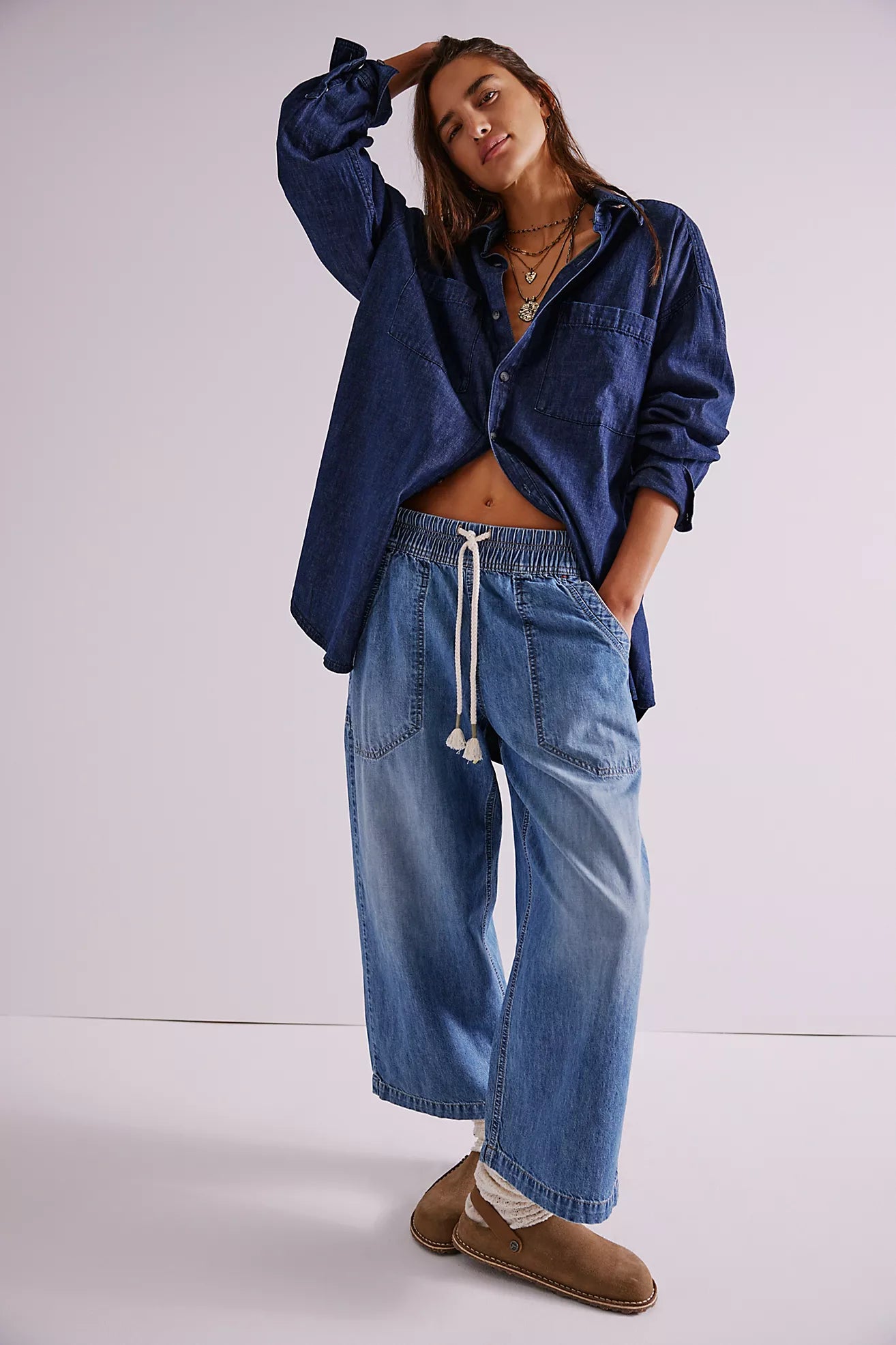 These pull-on jeans by Free People offer a slouchy boyfriend fit with a drawstring cord elastic waist. Find them at Harbour Thread in Burlington, VT!