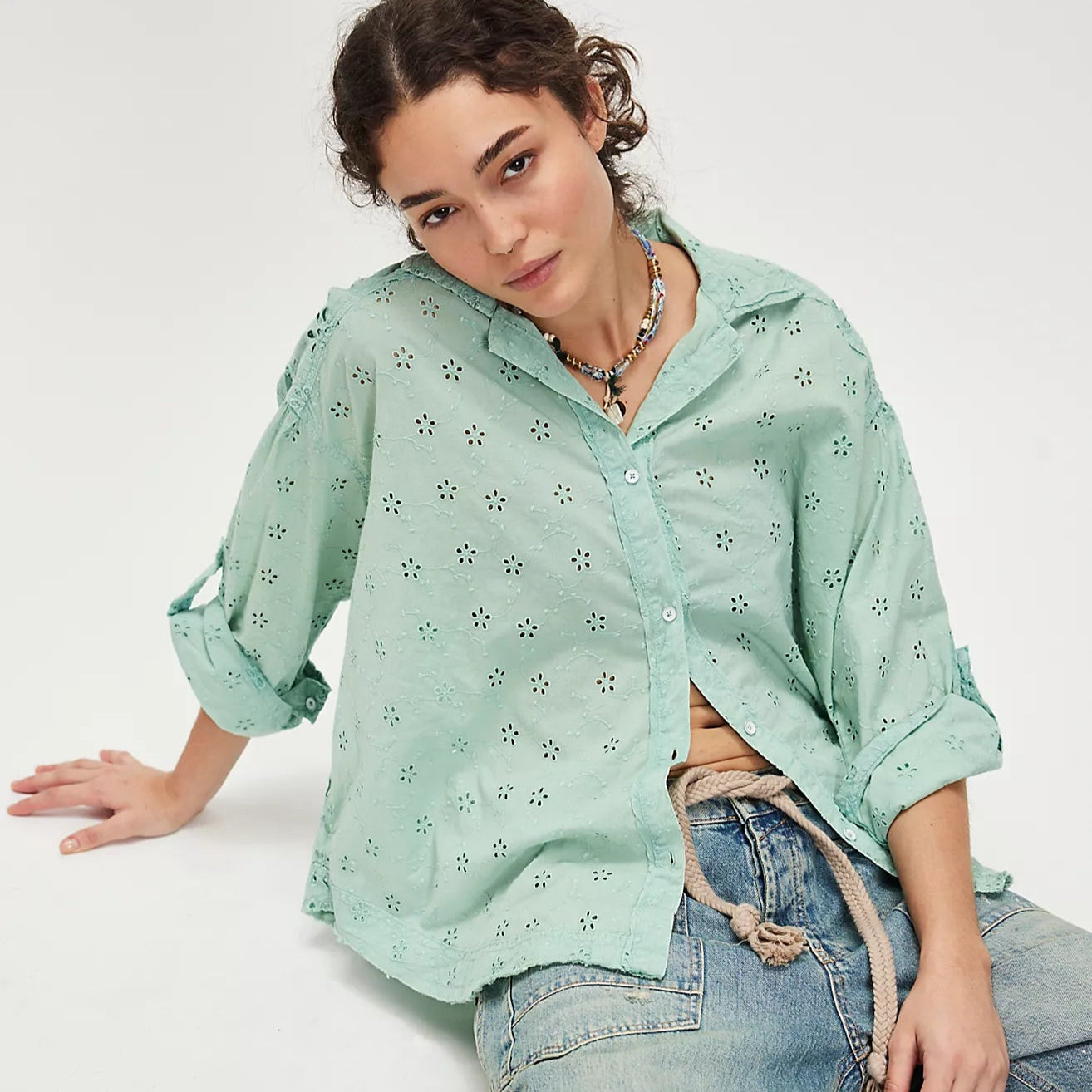 Free People Mae Washed Eyelet Shirt
