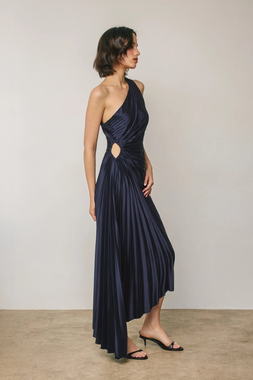 blue silk one shoulder dress Forum Satin Asymmetrical Pleated Dress satin bodycon dress