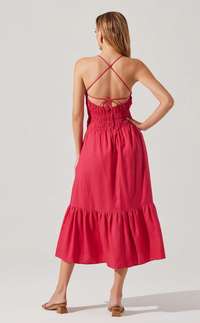 The ASTR Eleni Midi Dress in the color Fuchsia