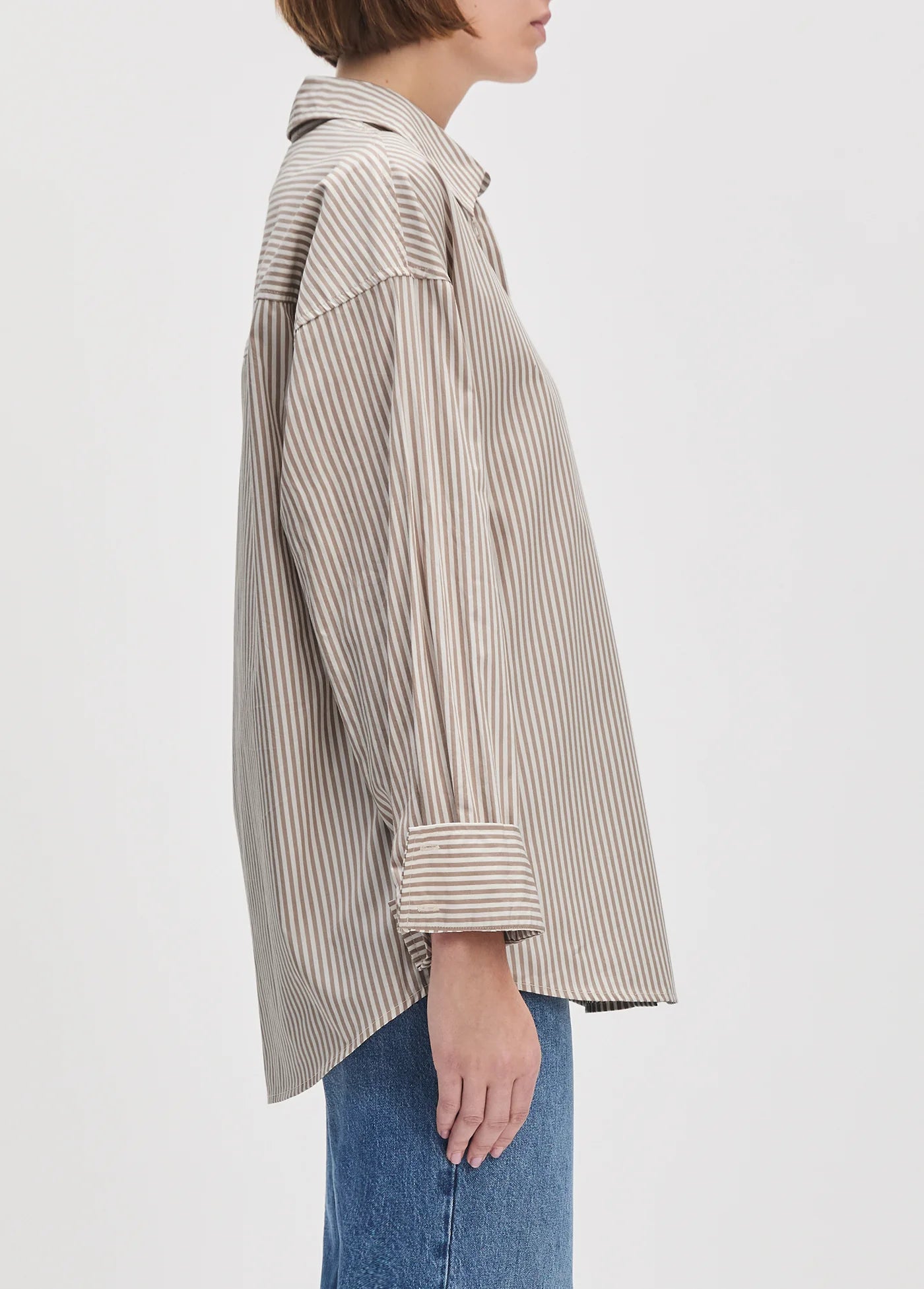 Women's mocha stripe oversized button up shirt