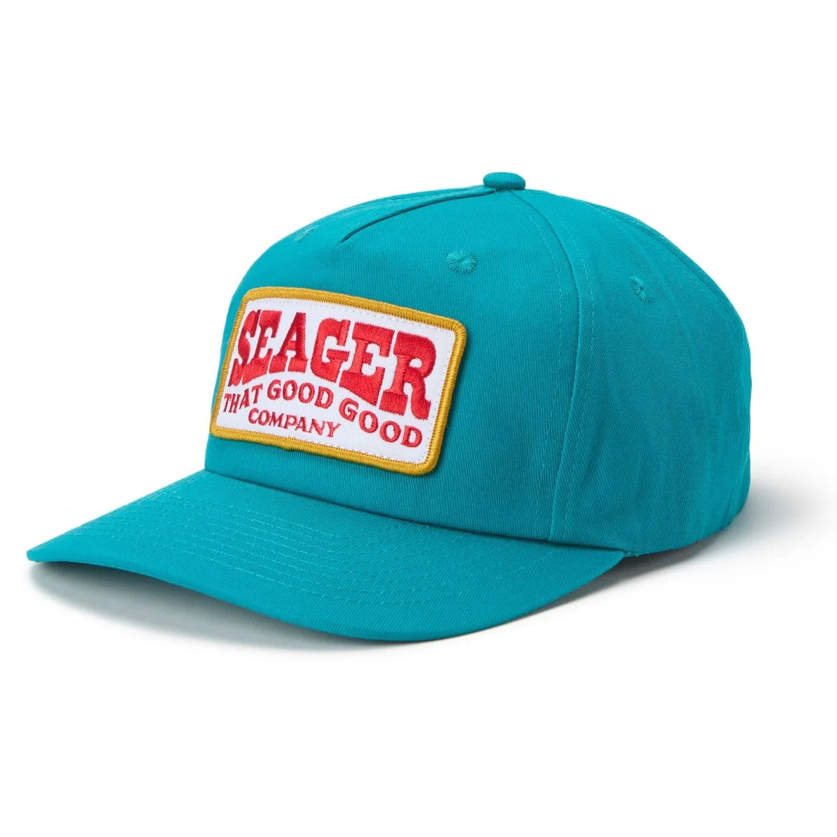 The teal Good Good Snapback Hat is made of lightweight cotton and features a custom Seager patch. Available at Harbour Thread for men's everyday style.