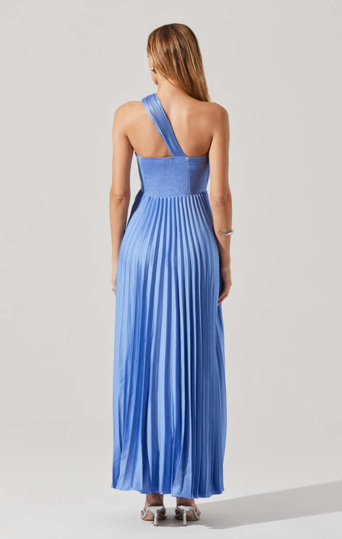 The ASTR Rasya One Shoulder Pleated Maxi Dress in Periwinkle