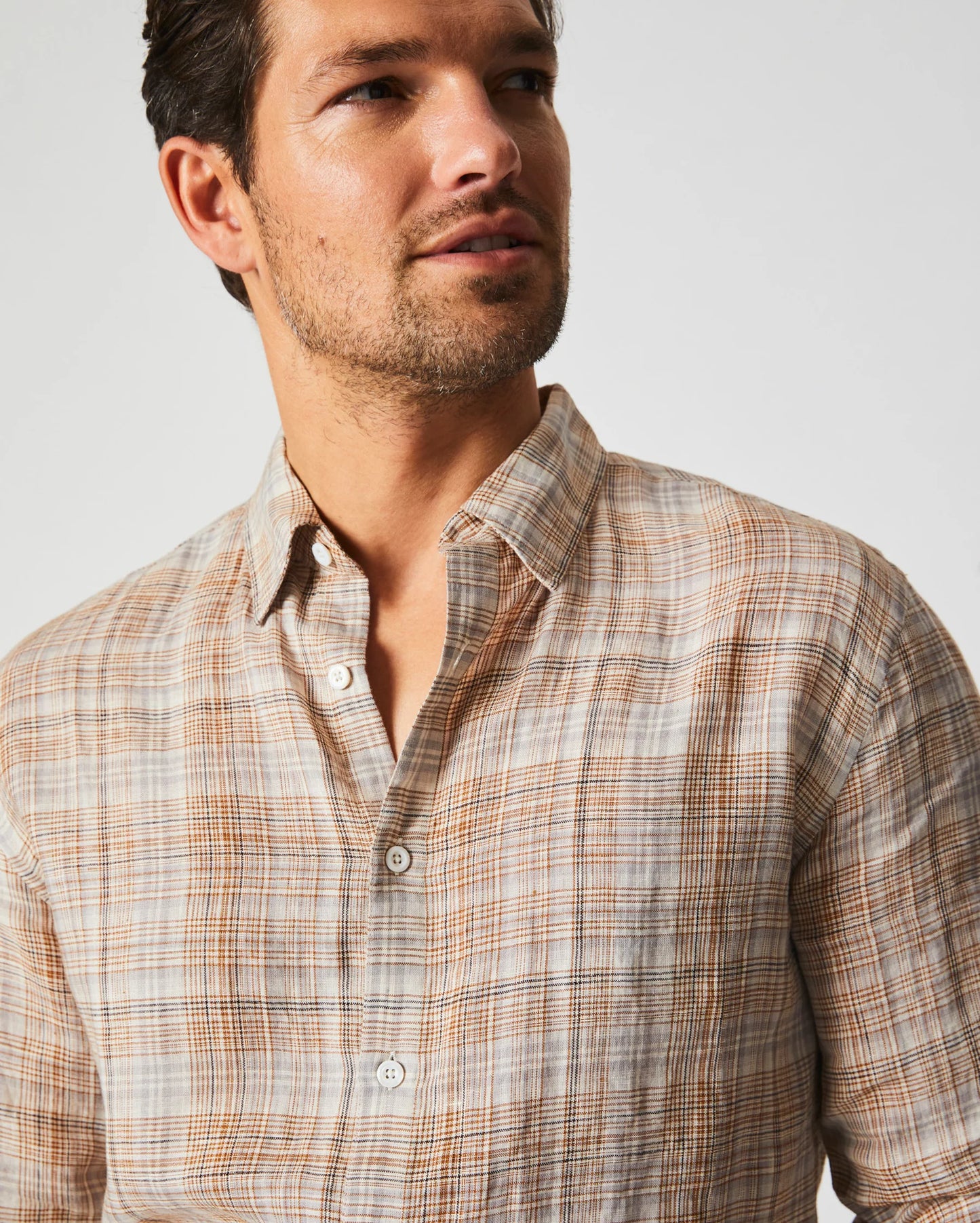 Front detail view of Billy Reid's Linen Line Plaid Wilson Shirt