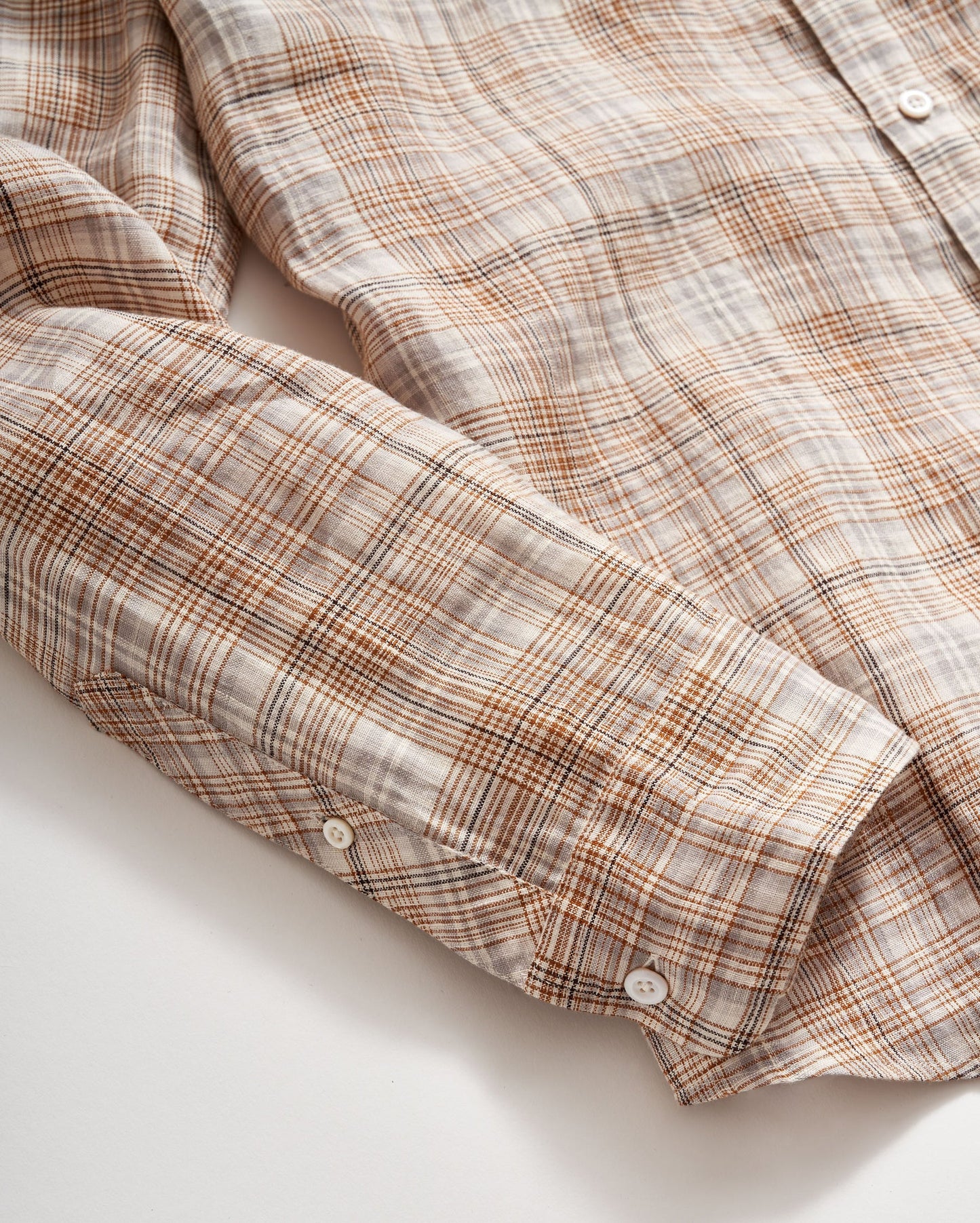 Sleeve detail view of Billy Reid's Linen Line Plaid Wilson Shirt