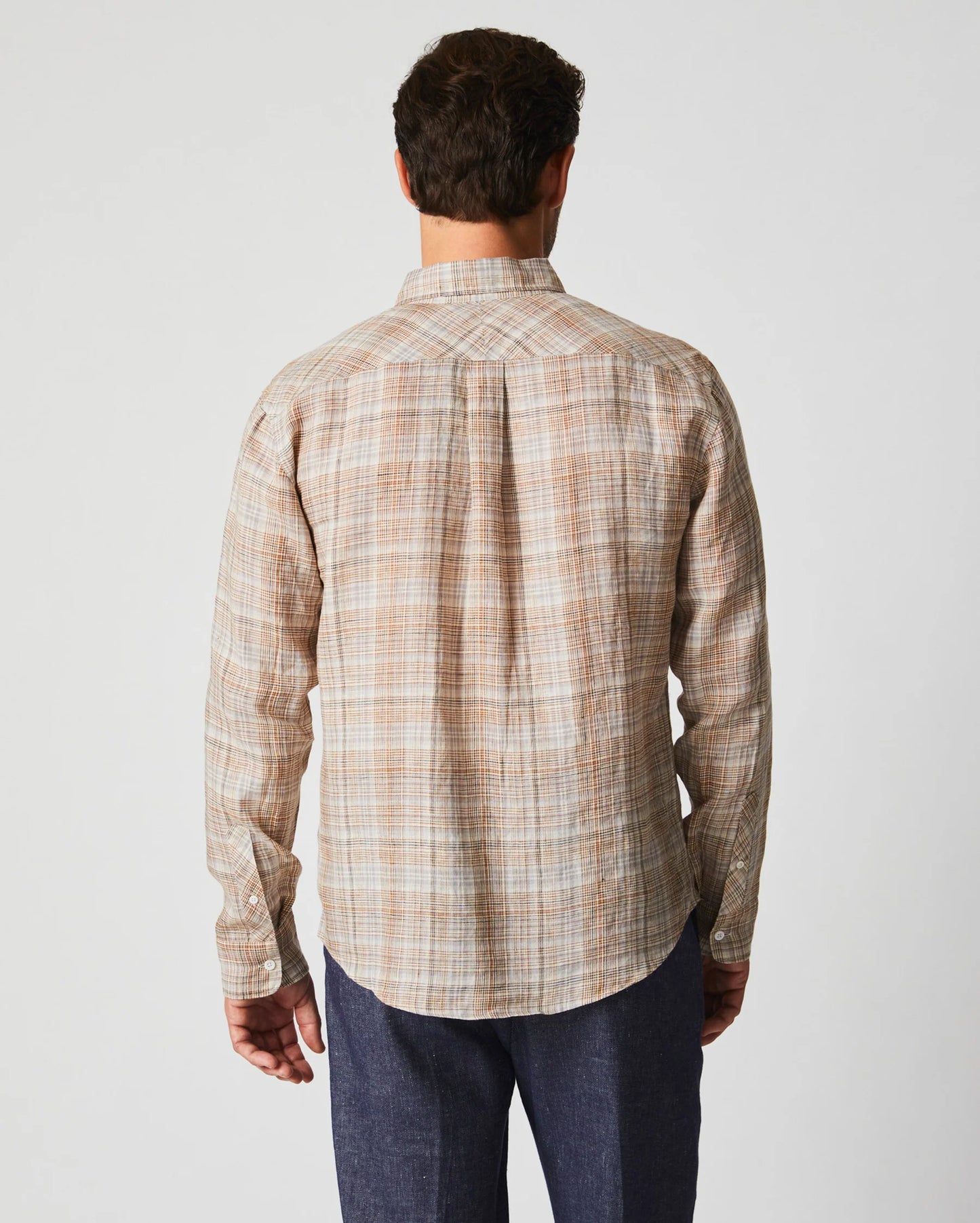 Back view of Billy Reid's Linen Line Plaid Wilson Shirt
