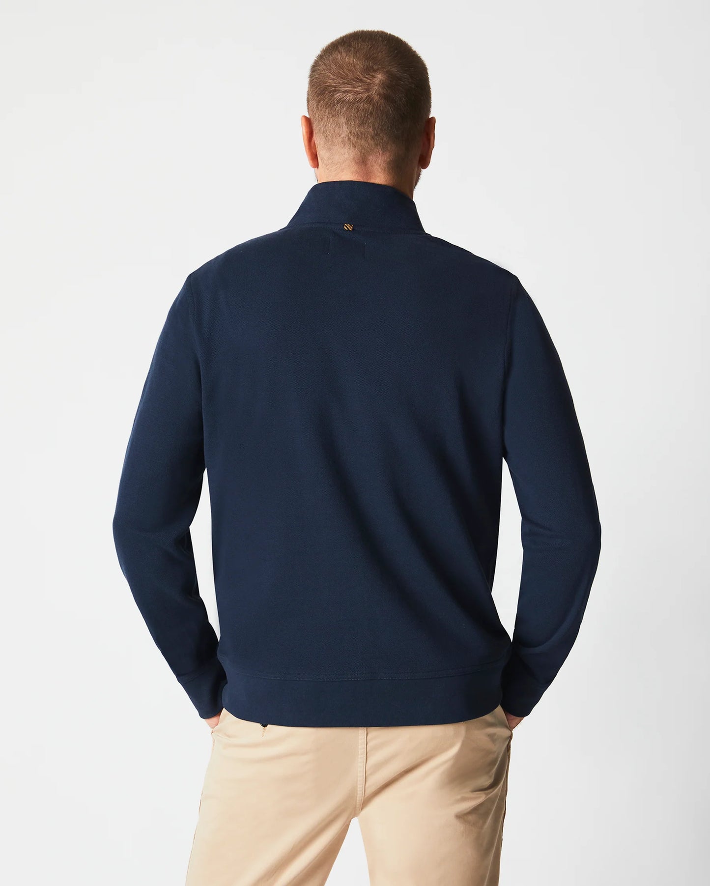 Back  view of Billy Reid's Cullman Half Zip in the color Navy
