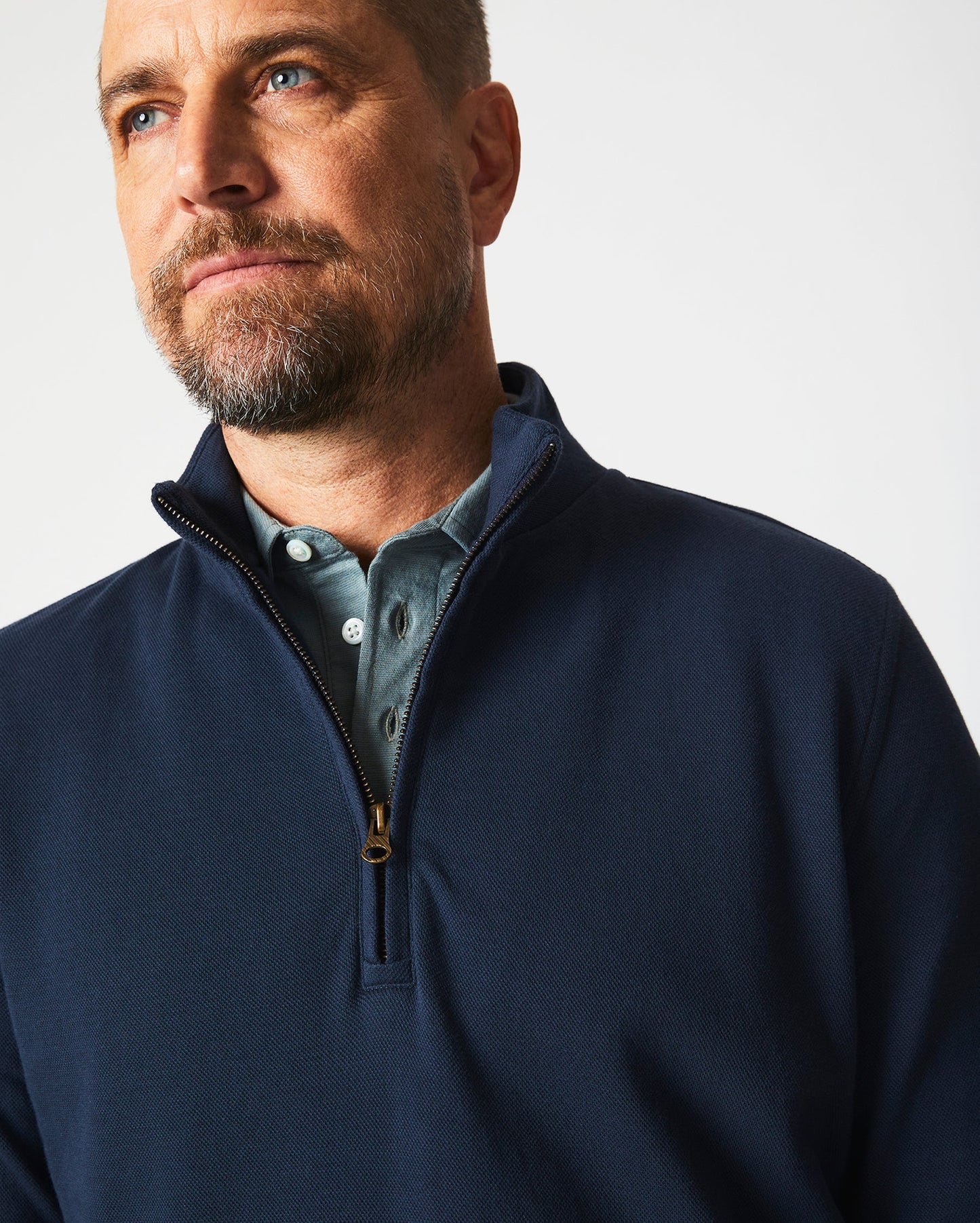 Front detail  view of Billy Reid's Cullman Half Zip in the color Navy
