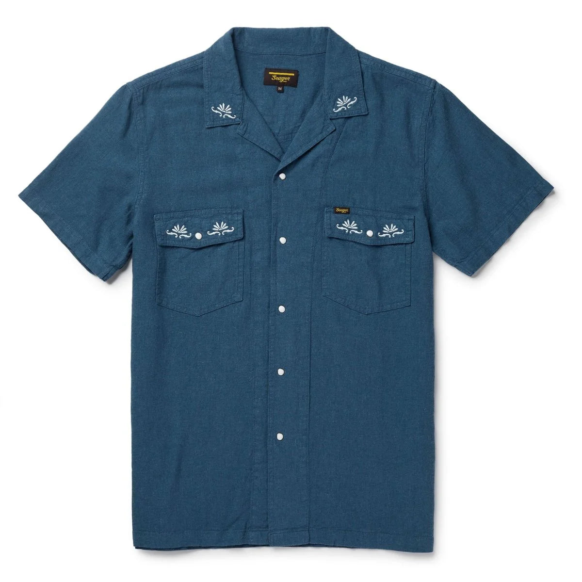 Blue short sleeve men's button down with dual chest flap pockets and pearl snaps