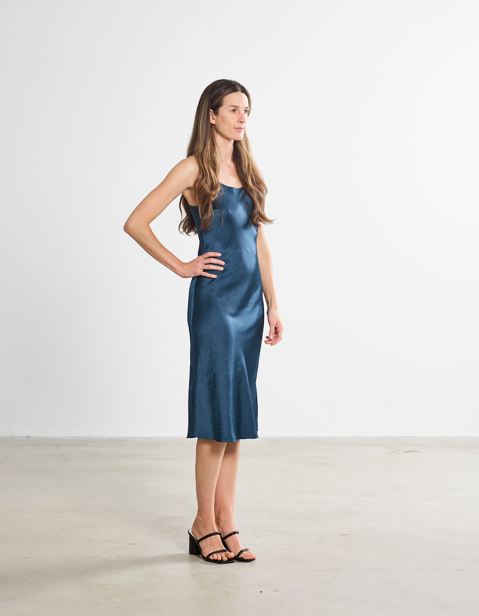 The sawyer women's event midi slip dress in deep teal sold at harbour thread