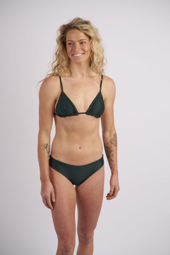 Front view of the dark green Nori triangle bikini top by Saturday Swimwear