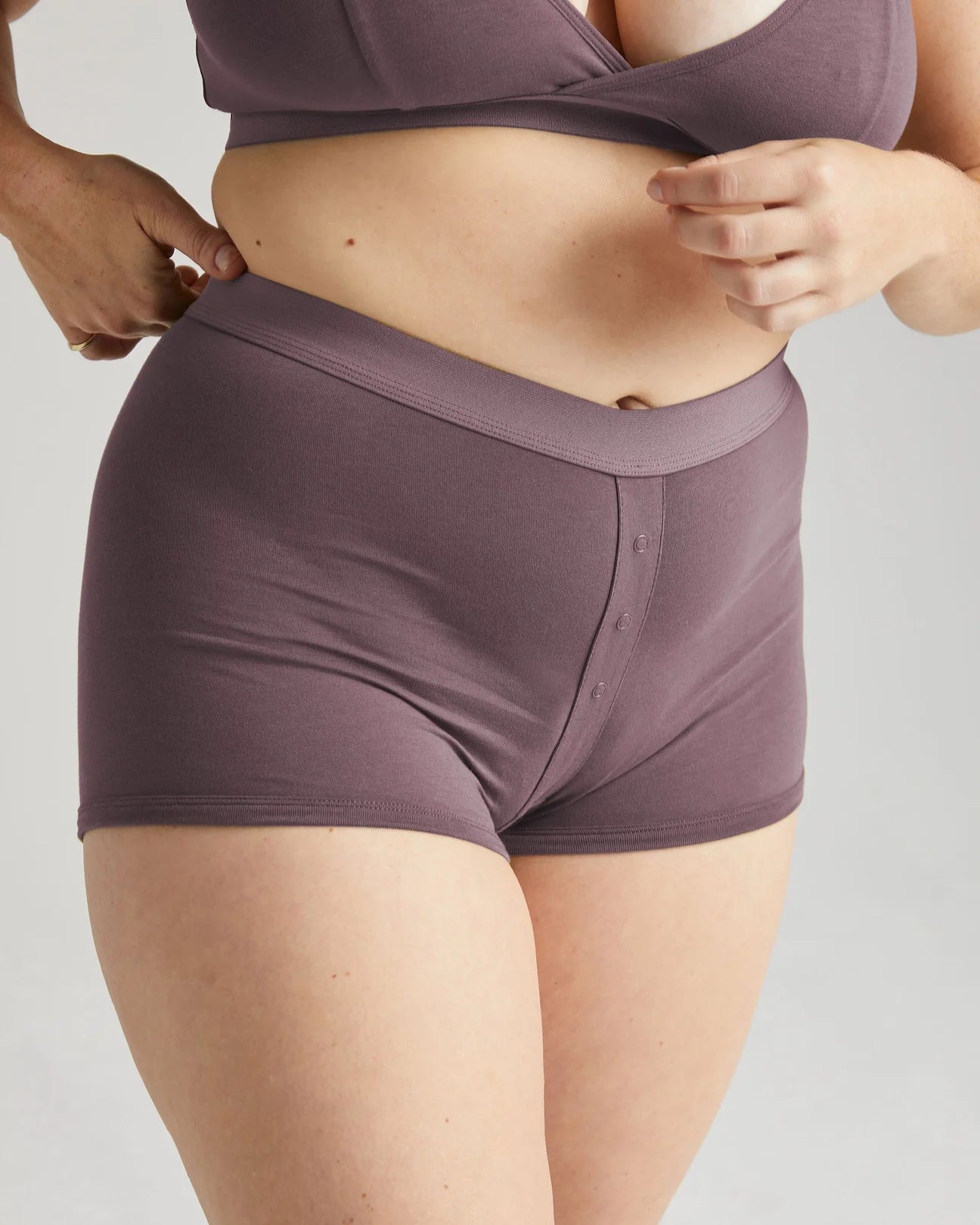 Front view of women's boxer briefs in the color purple smoke