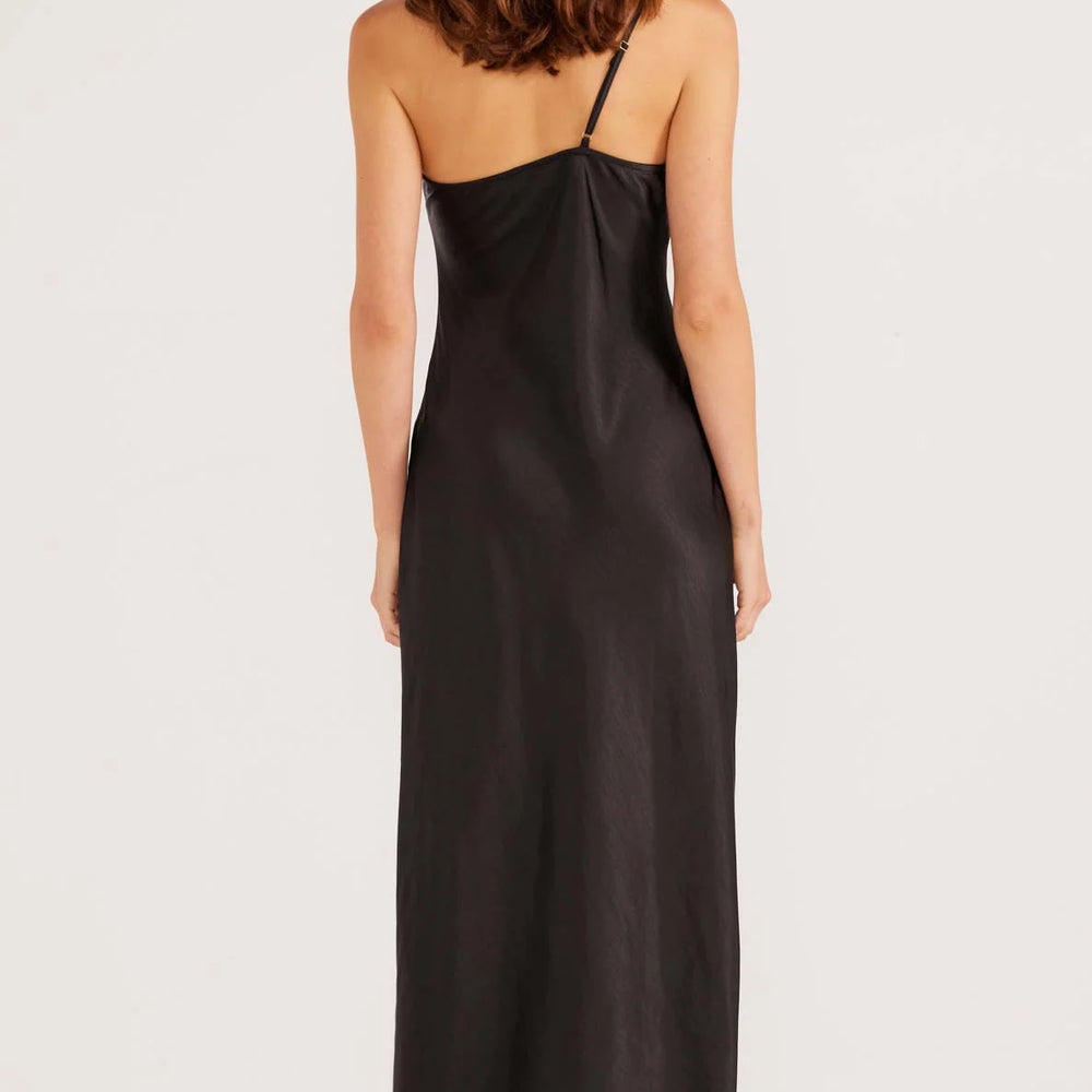 
                      
                        Back view of a woman wearing the black Ella One Shoulder Midi Dress by the brand MINKPINK
                      
                    