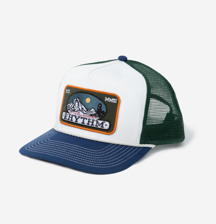 Now available at Harbour Thread Burlington, this traditional high-profile hat from Rhythm features a mesh back and rope detail on the peak. 