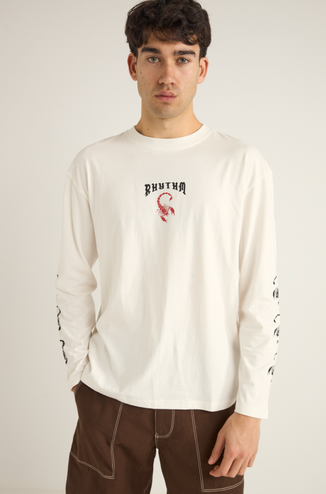 Now available at Harbour Thread Burlington, this organic cotton long sleeve tee by Rhythm features a custom graphic and is washed for a vintage hand feel.