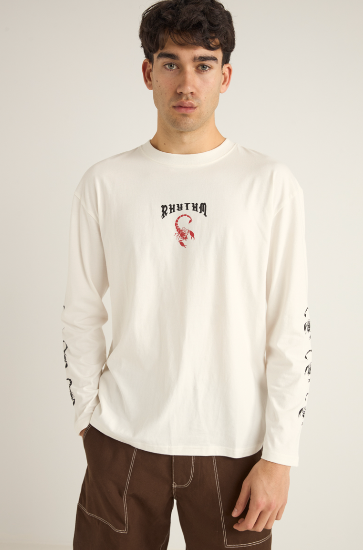 Now available at Harbour Thread Burlington, this organic cotton long sleeve tee by Rhythm features a custom graphic and is washed for a vintage hand feel.