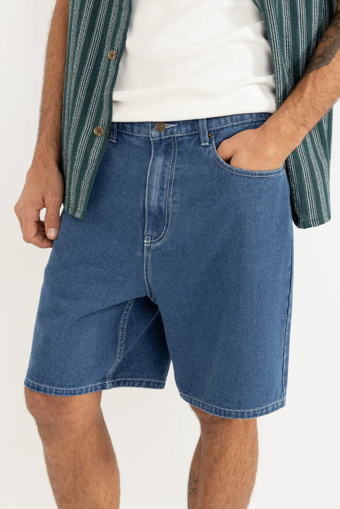 Embrace casual summer style with the Toby Denim Men's Shorts from Rhythm. Find your pair at Harbour Thread in Burlington, VT!