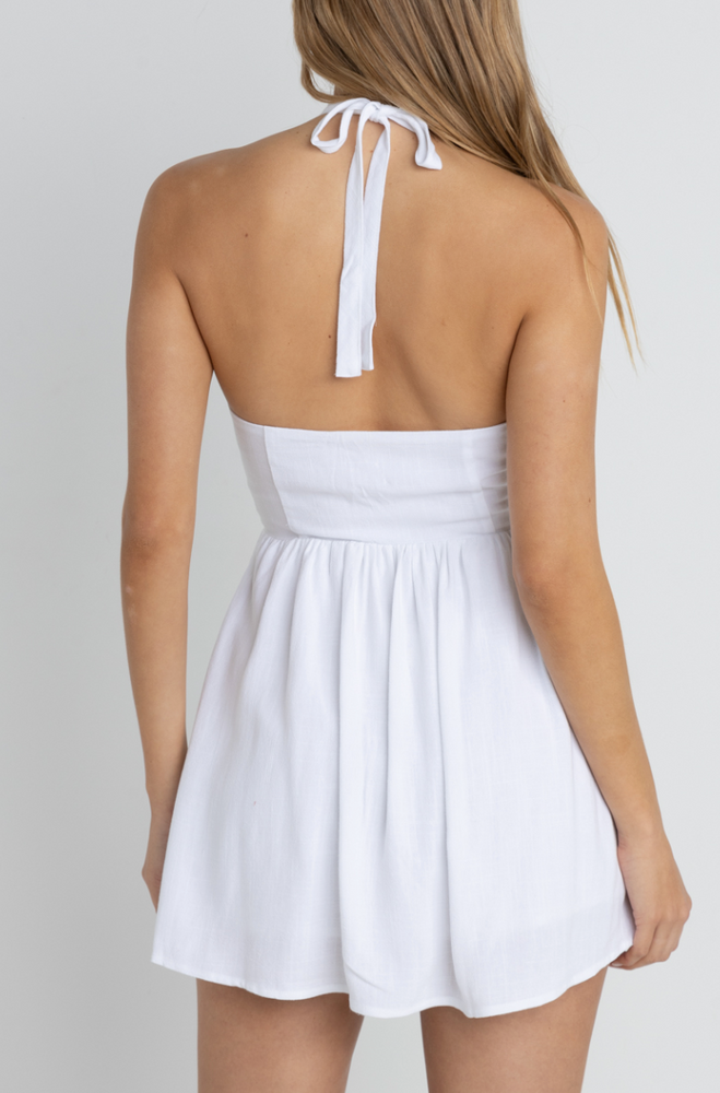 White backless halter mini dress