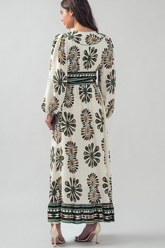 
                      
                        Boho printed maxi dress with long blouson sleeves
                      
                    