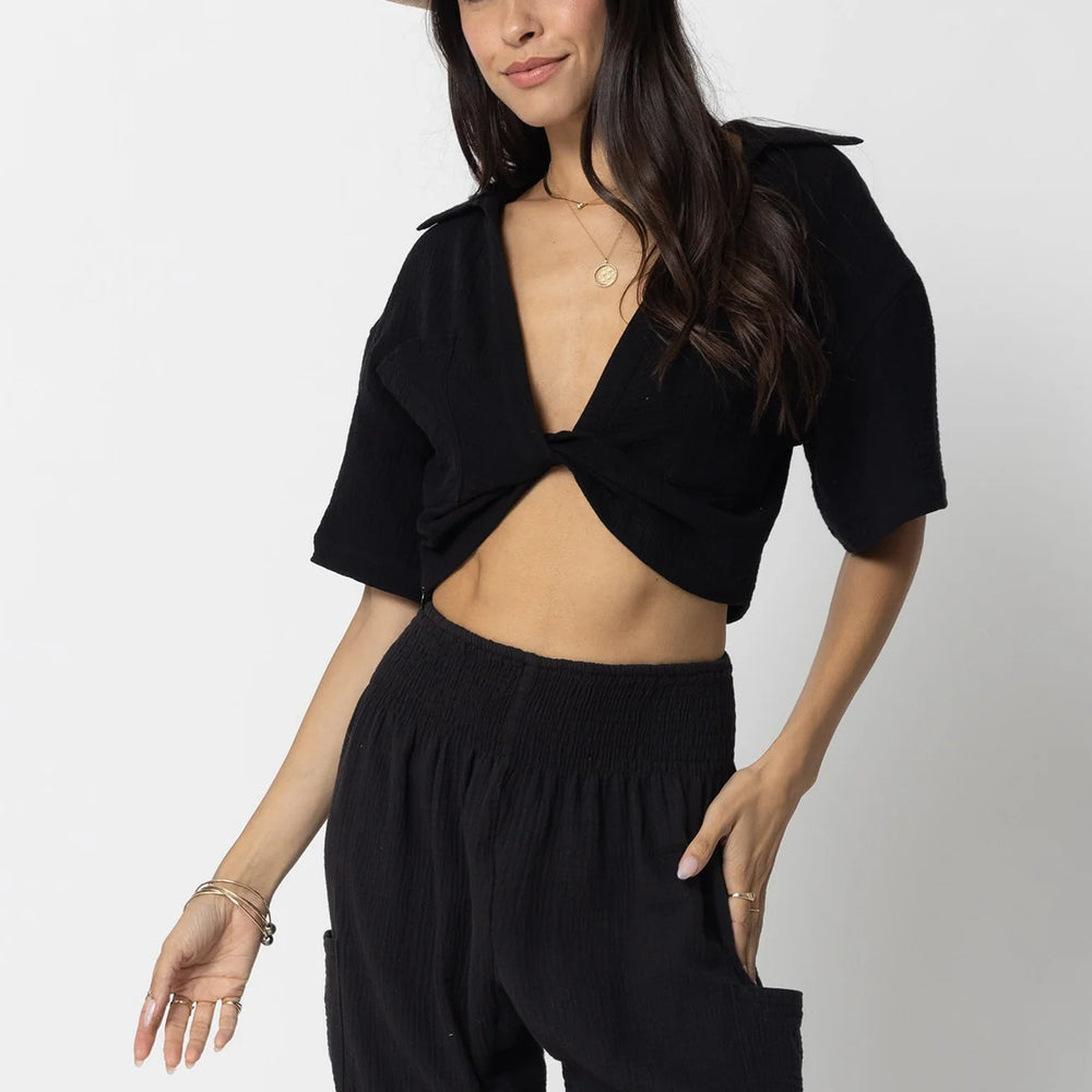 
                      
                        Stillwater's Knot Front Short Sleeve Shirt in the color Black
                      
                    