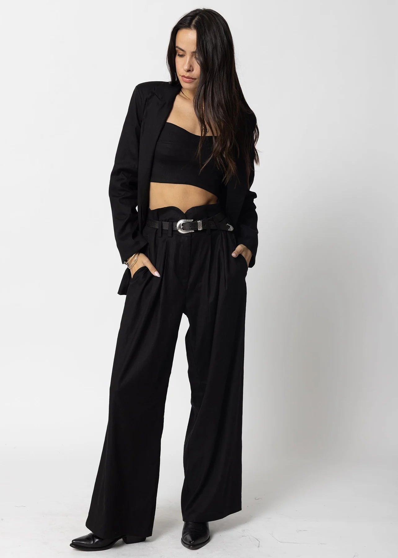 The Black Stretch Linen Knotch Waist Pants by Stillwater styled with a blazer