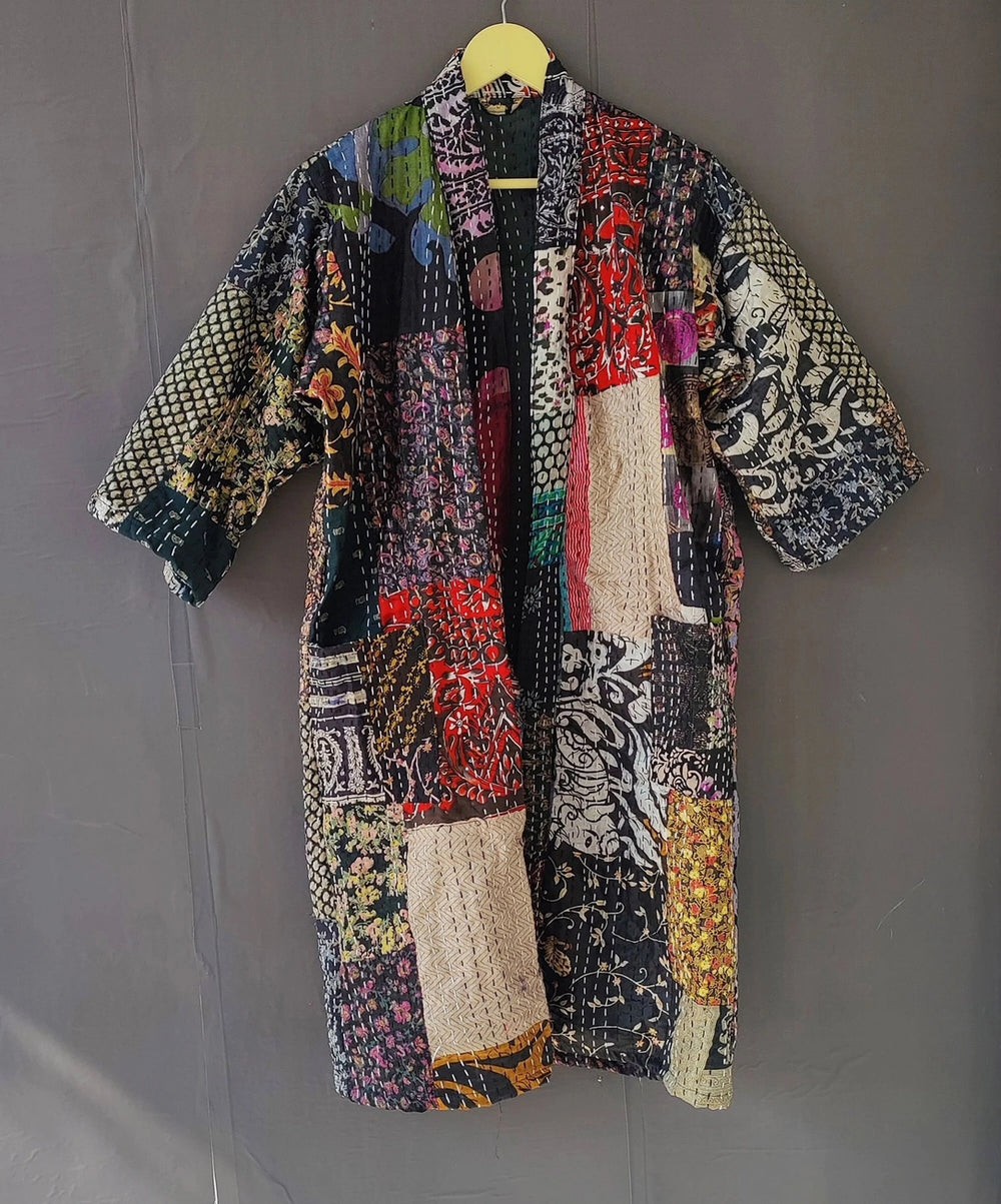 Front view of the Long Silk Patchwork Kantha Quilt Kimono Jacket