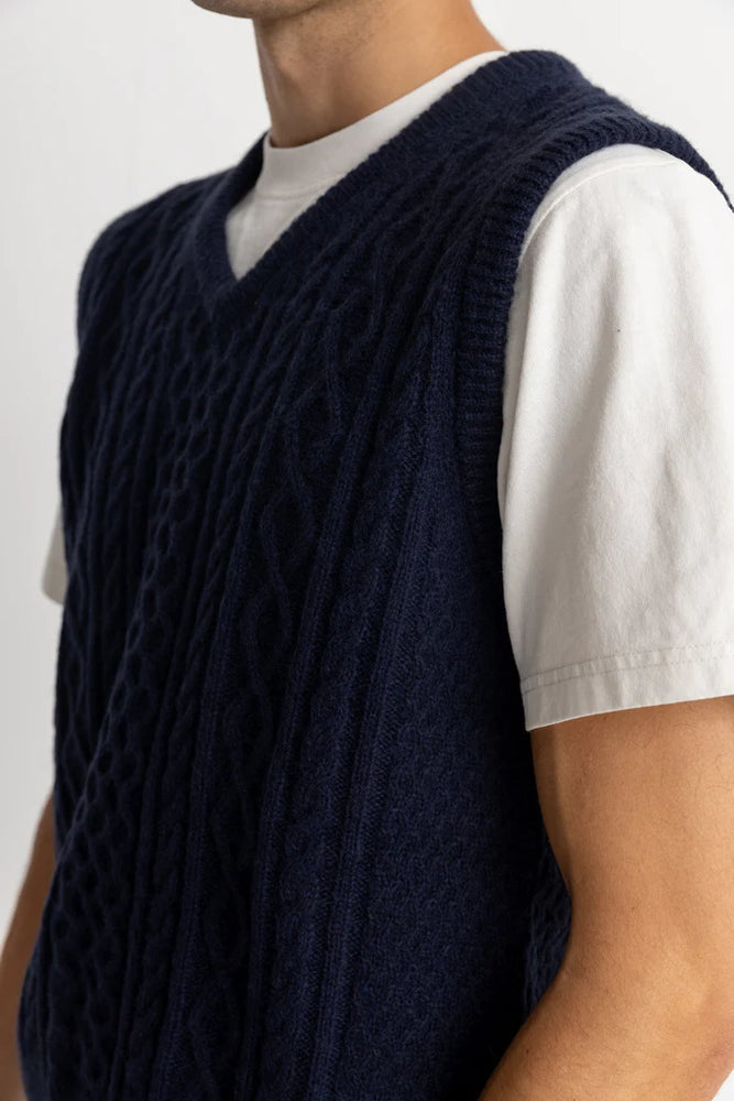 
                      
                        Front detail on the Navy Mohair Knit Vest by Rhythm
                      
                    