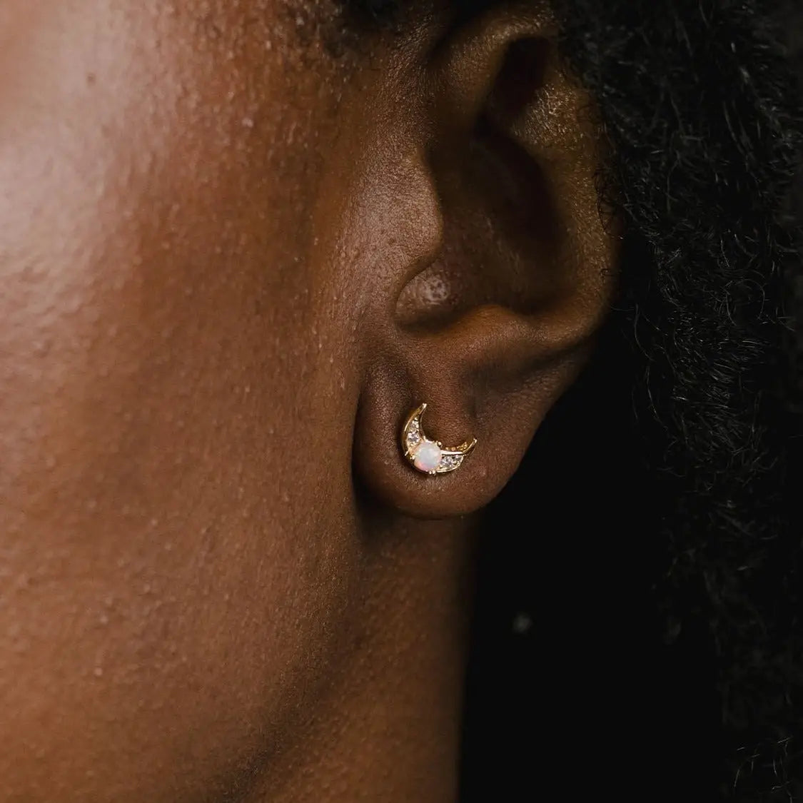 14K Gold Filled Moon stud earrings embellished with clear CZ stones and small Opal in center 