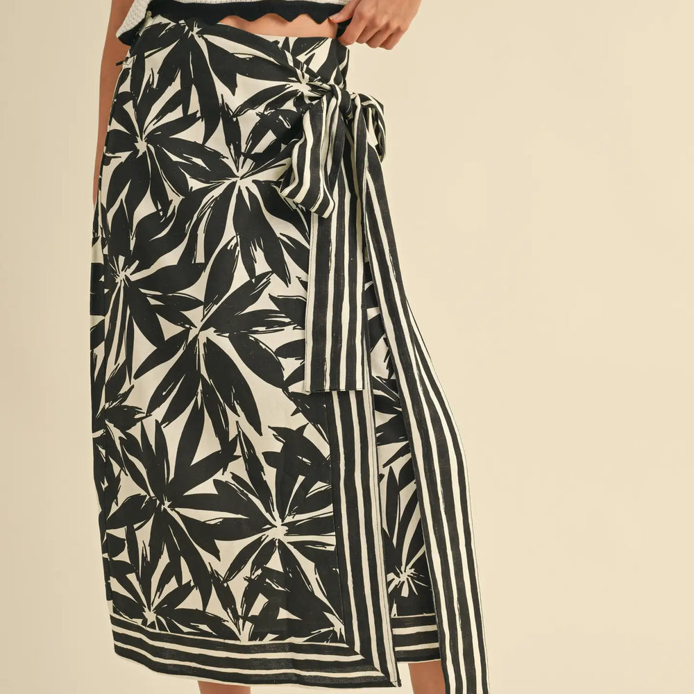 Black floral wrap style midi skirt at Harbour Thread