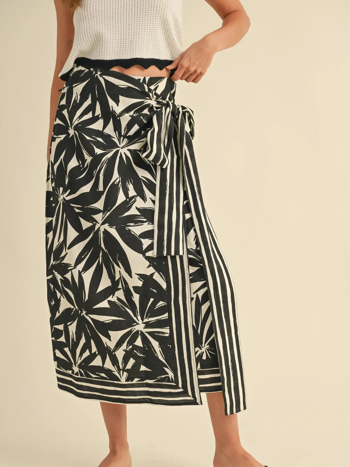 Black floral wrap style midi skirt at Harbour Thread