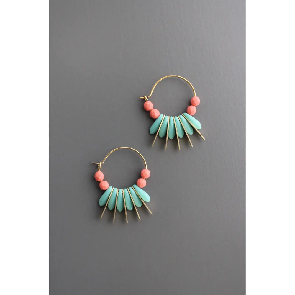 The Turquoise & Coral Glass Small Hoops from David Aubrey Jewelry at Harbour Thread.