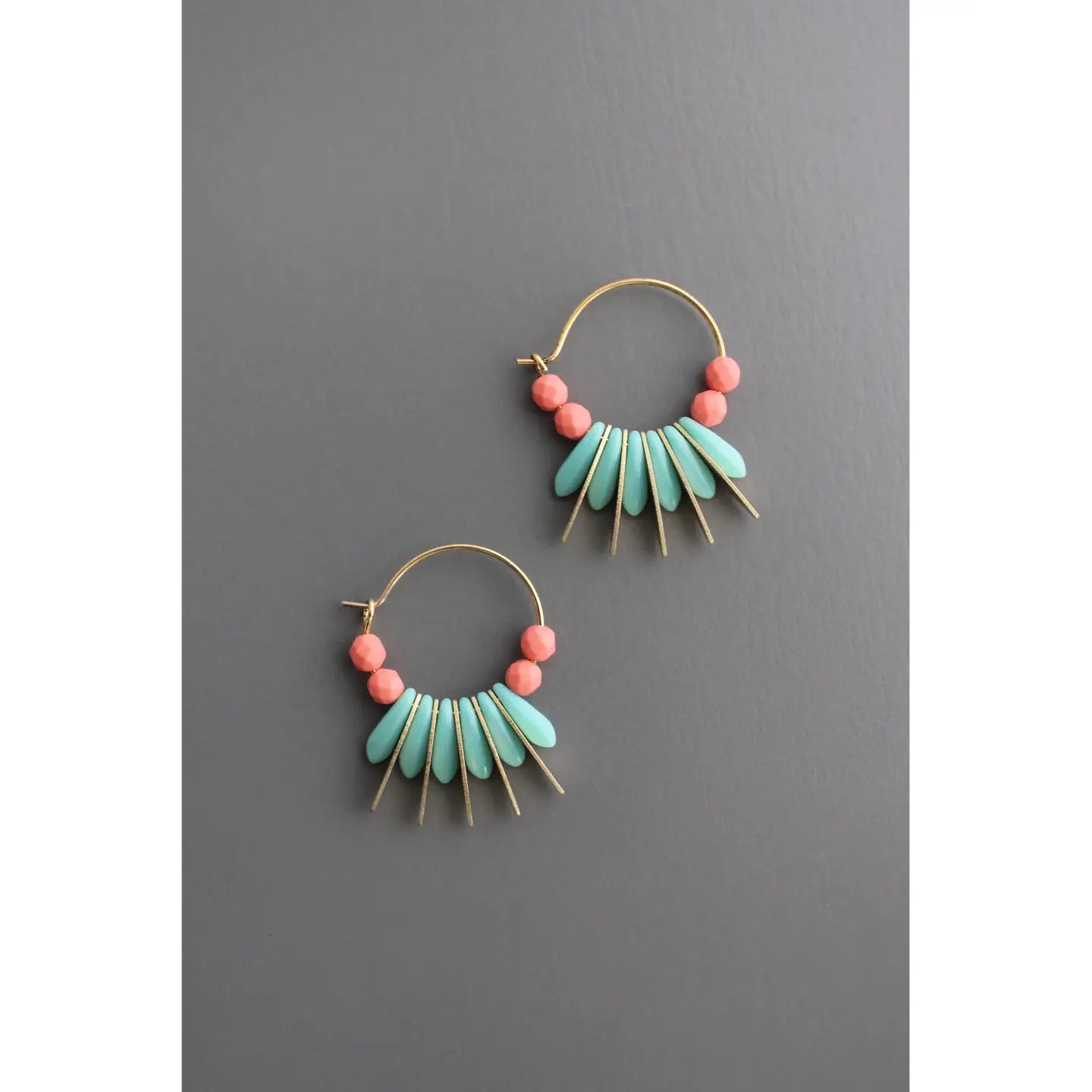 The Turquoise &amp; Coral Glass Small Hoops from David Aubrey Jewelry at Harbour Thread.