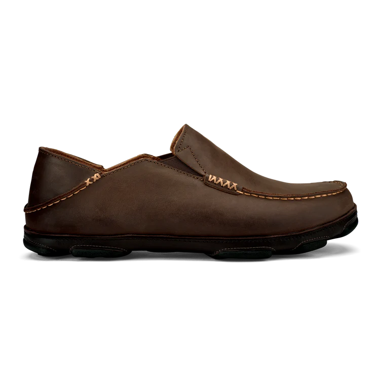 OluKai Moloā Men's Leather Slip On Shoe in Dartk Wood/Dark Java, available now at Harbour Thread men's store