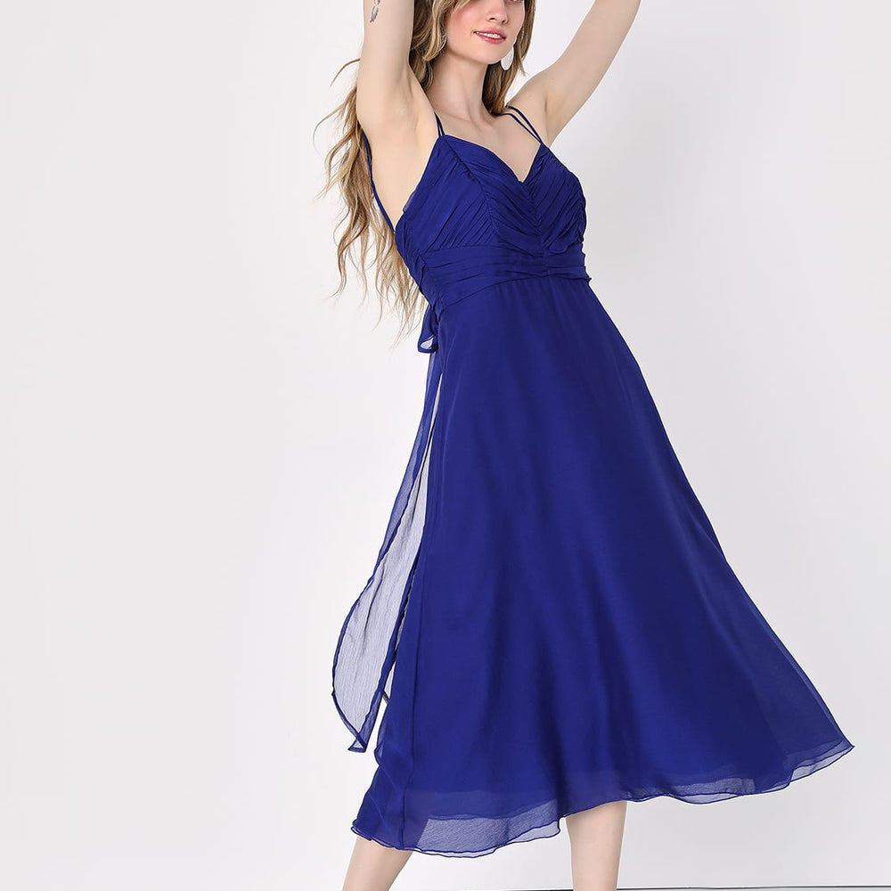 
                      
                        Side and front view of the Gorgeous Celebrations Navy Blue Pleated Chiffon Midi Dress by Lulus, sold at Harbour Thread
                      
                    