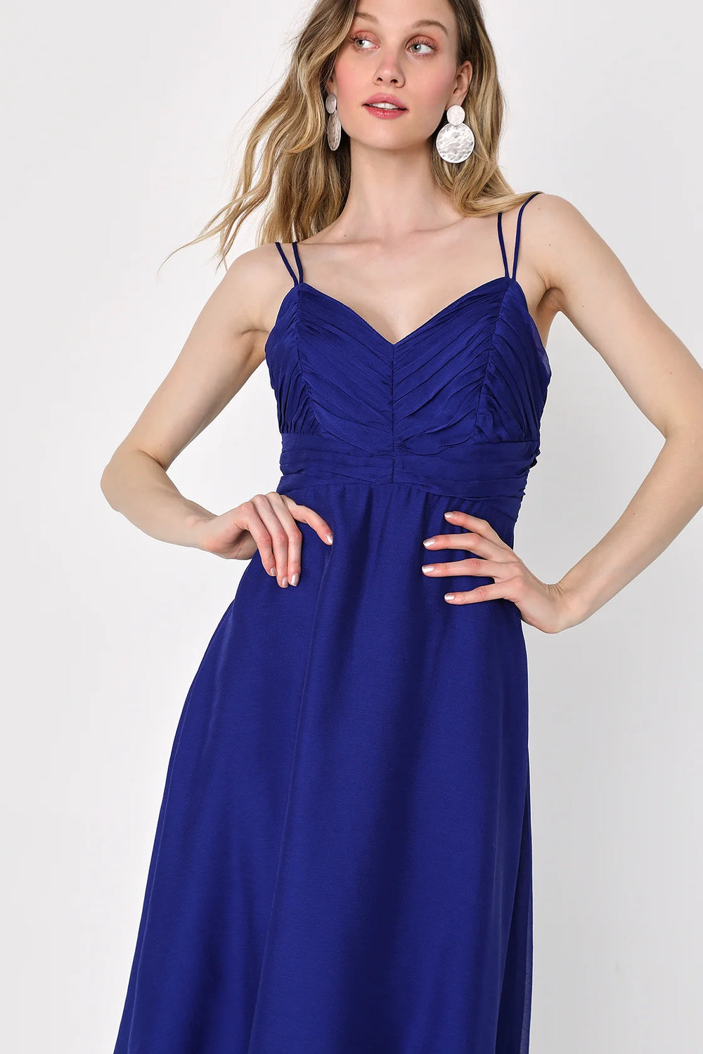 Front view of the Gorgeous Celebrations Navy Blue Pleated Chiffon Midi Dress by Lulus