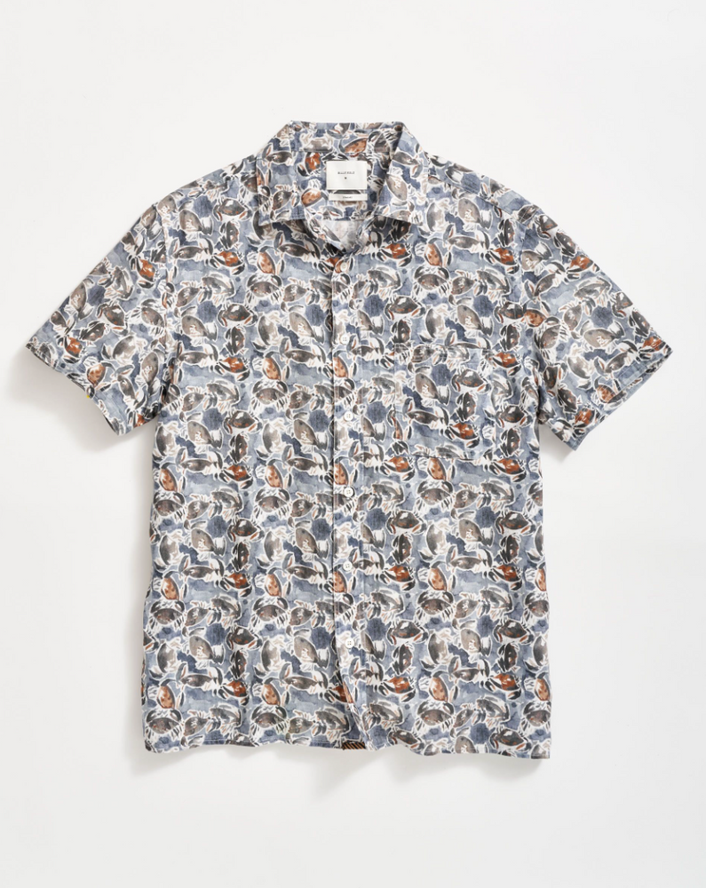 Front view of the Short Sleeve Crab Linen Treme Block Shirt by Billy Reid